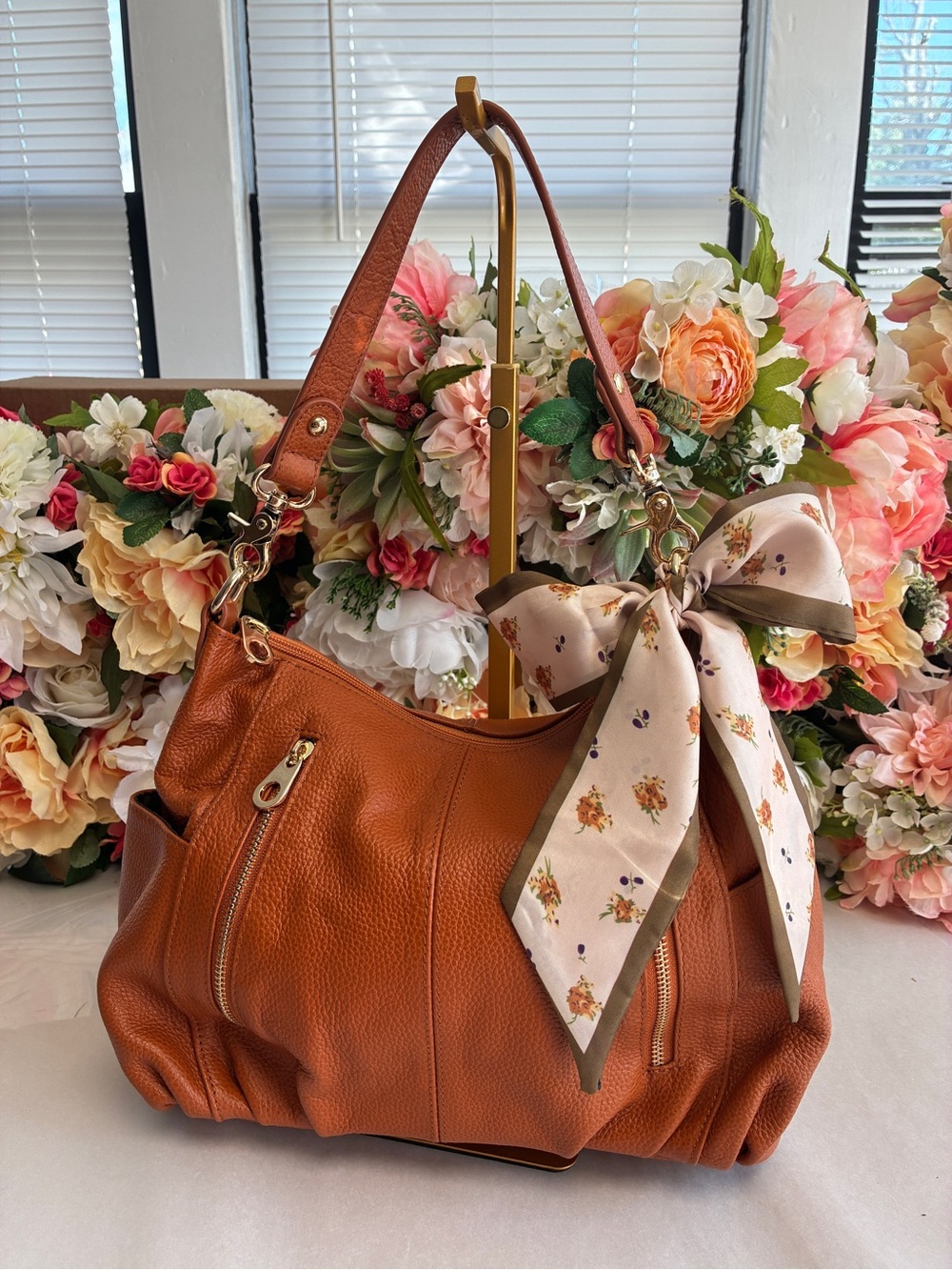 Brown Pebbled Multi Pocket Hobo Crossbody Shoulder Bag 2 Straps